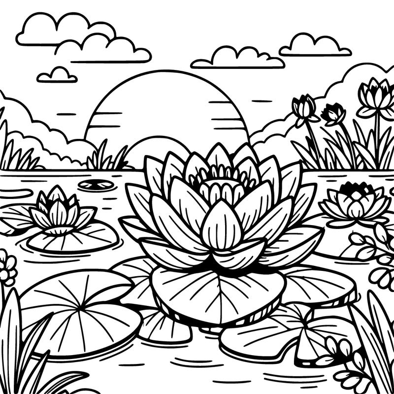lotus flowers in the pond with lily pads and a sunset in the background