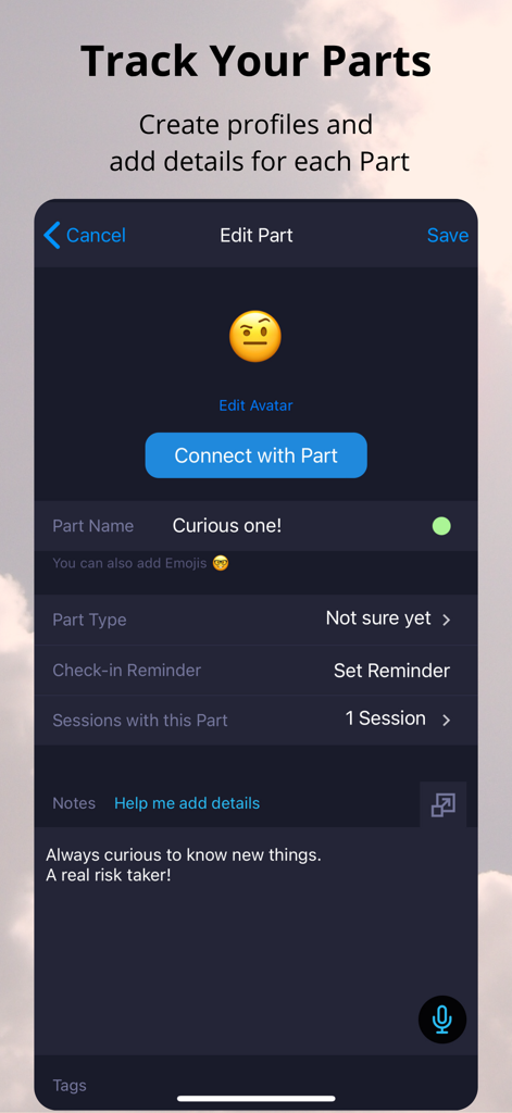 IFS Guide - The IFS Guide app interface for creating and editing profiles for internal parts with notes and reminders
