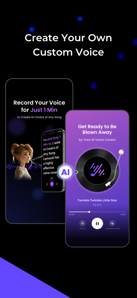 A mobile app interface showcasing the feature to create custom AI voice covers by recording a user's voice for one minute.