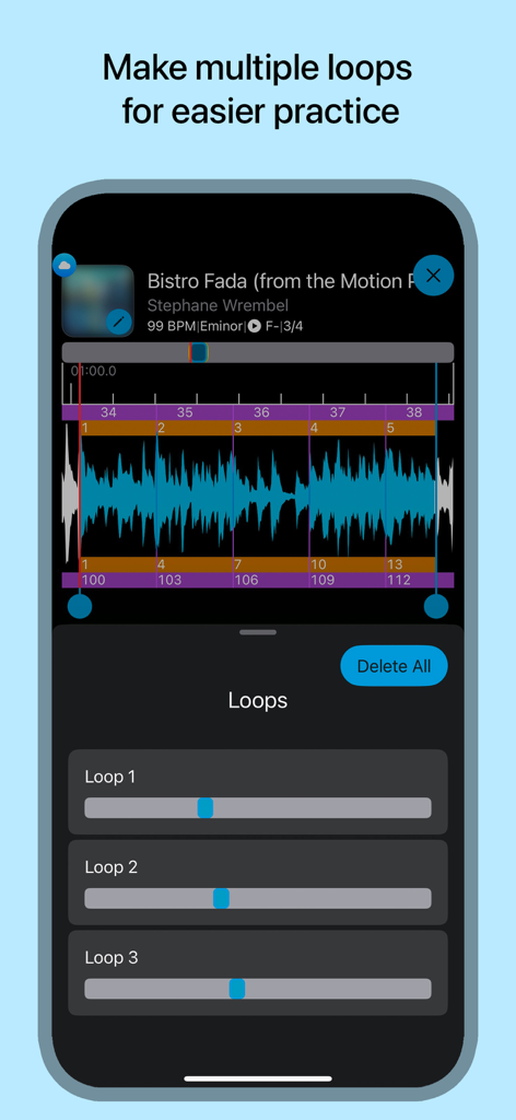 Music Looper app interface showing multiple loops created on a song waveform for practice