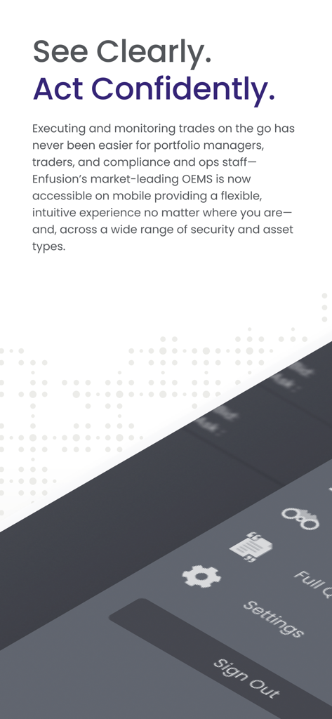 Enfusion Mobile app interface for trade execution and portfolio monitoring