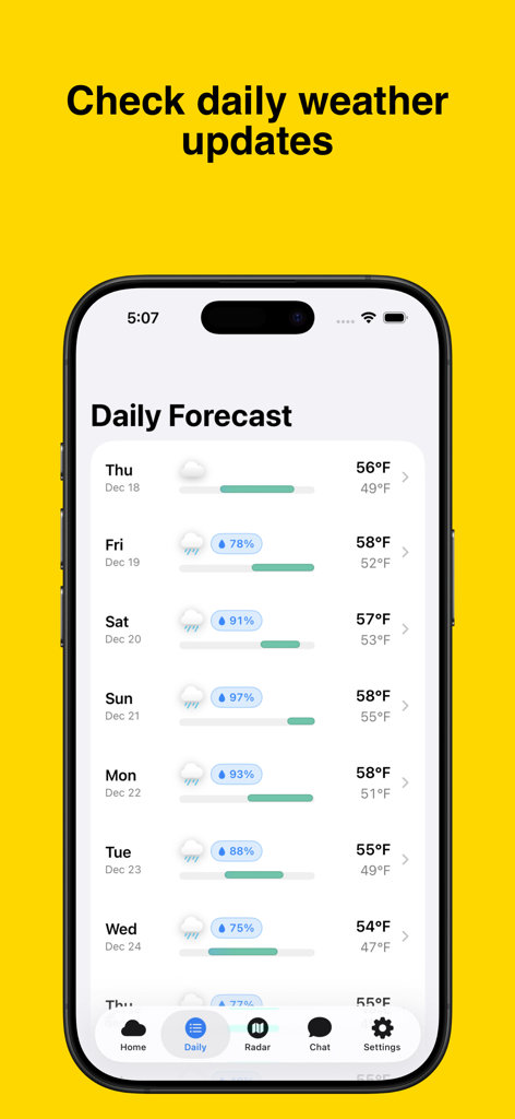 WeatherAI - Forecast & Radar - Pantalla de pronóstico meteorológico diario en la aplicación WeatherAI que muestra la temperatura y la precipitación para la semana