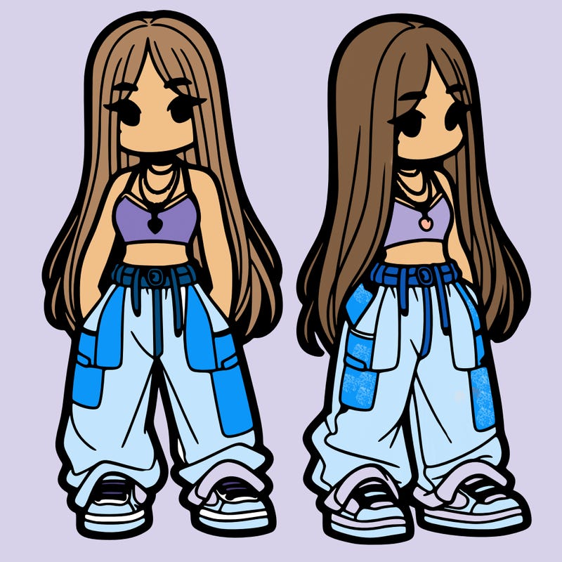 girl in baggy pants crop top and long hair
