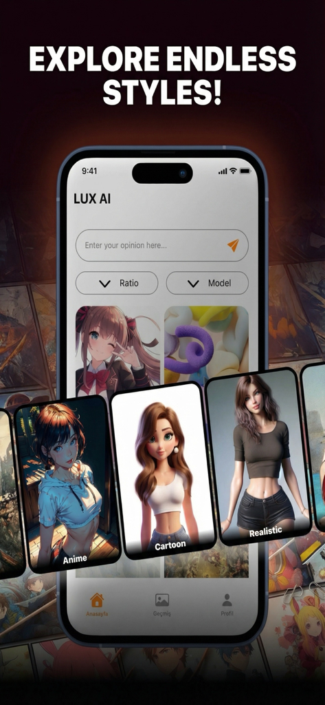 AI Art Image Generator LUX - LUX AI app interface showing various art styles including anime and cartoon options for wallpaper generation