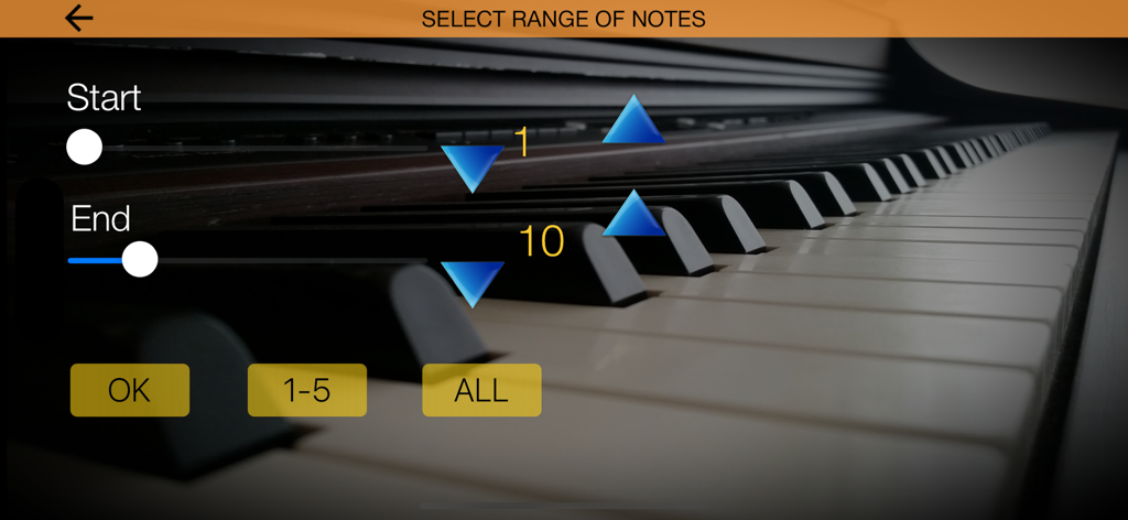 Interface para selecionar um intervalo específico de notas para prática de música no Piano Melody Pro.