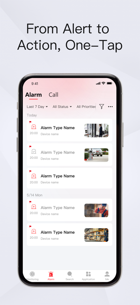 HikCentral Mobile - HikCentral Mobile app interface showing a list of security alarm notifications with video thumbnails