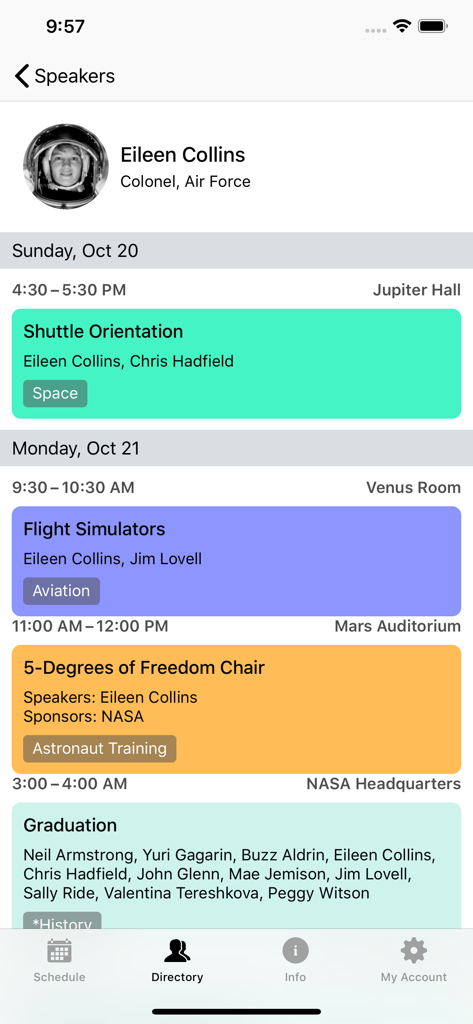 Speaker profile page in the Sched app featuring Eileen Collins and her scheduled event sessions.