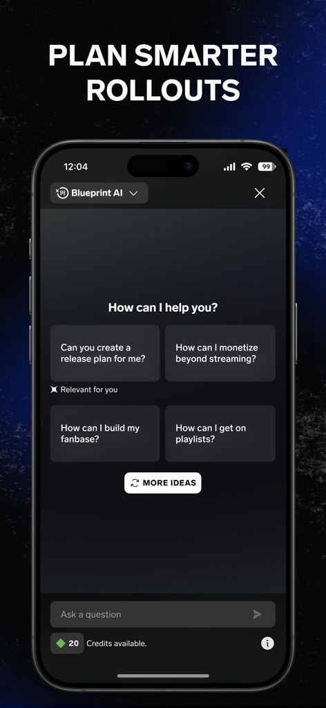 UnitedMasters: Release Music - Un smartphone montrant l'interface IA UnitedMasters Blueprint avec des options pour la planification de sorties musicales et des conseils de croissance pour les artistes.