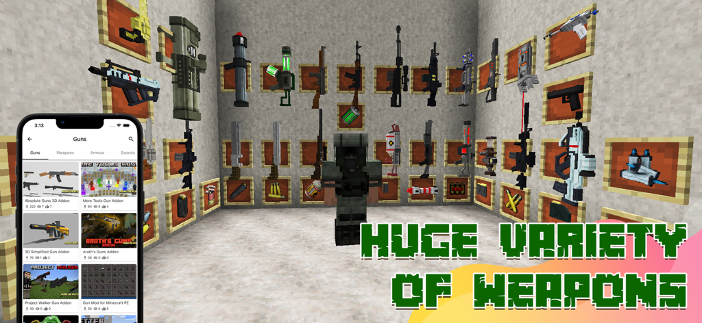 Addons & Skin for Minecraft PE - A large collection of gun and weapon addons displayed on a wall in Minecraft
