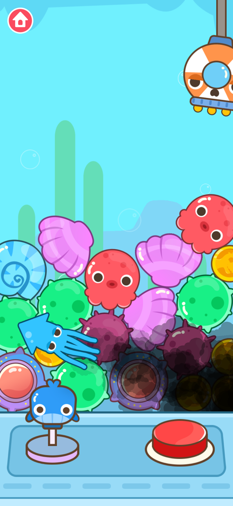 Claw Machine Games for kids - Digital claw machine game for kids featuring an underwater scene with colorful sea animal prizes