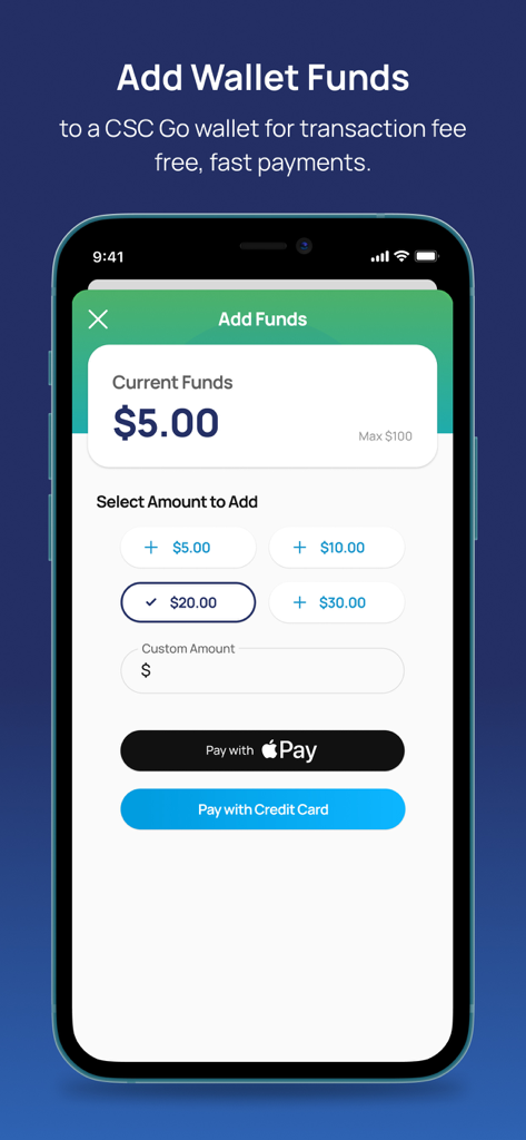 CSC GO - CSC GO 앱 화면에서 Apple Pay 및 신용카드 옵션으로 세탁 크레딧 추가