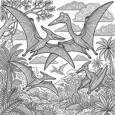 Embark on an epic journey back to the age of dinosaurs with this stunning adult coloring page featuring majestic pterosaurs. Immerse yourself in intricate patterns and a rich prehistoric landscape designed for mindful relaxation.