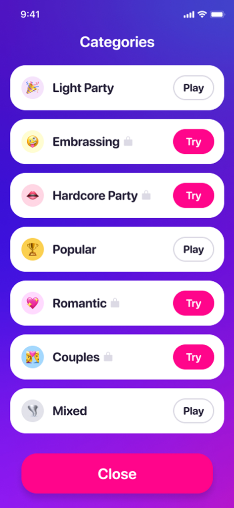 Sex Games: Dating, Chat, Quiz - Bildschirm einer mobilen App, der eine Liste von Spielkategorien anzeigt, darunter Light Party, Hardcore Party, Romantic und Couples.