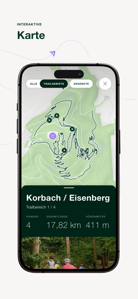 Green Trails - Interaktive Karte der Green Trails App, die die Routenführung und Höhenstatistiken anzeigt