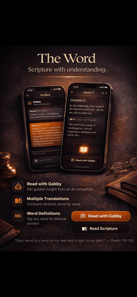 Mobile Benutzeroberfläche der Just The Word Bibel-App, die KI-Einblicke und Schriftenstudienfunktionen präsentiert