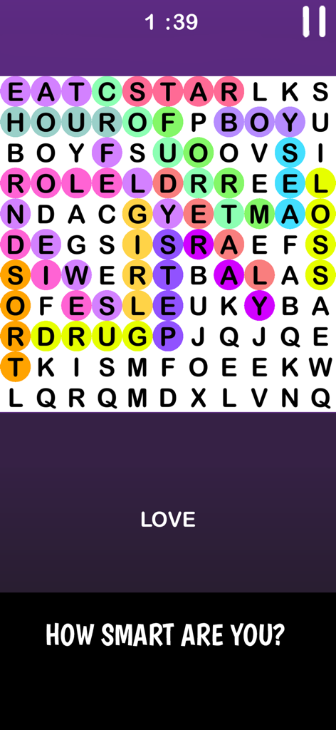 Infinte Crossword Puzzle Game - Una interfaz colorida de puzzle de búsqueda de palabras con varias palabras resaltadas en círculos