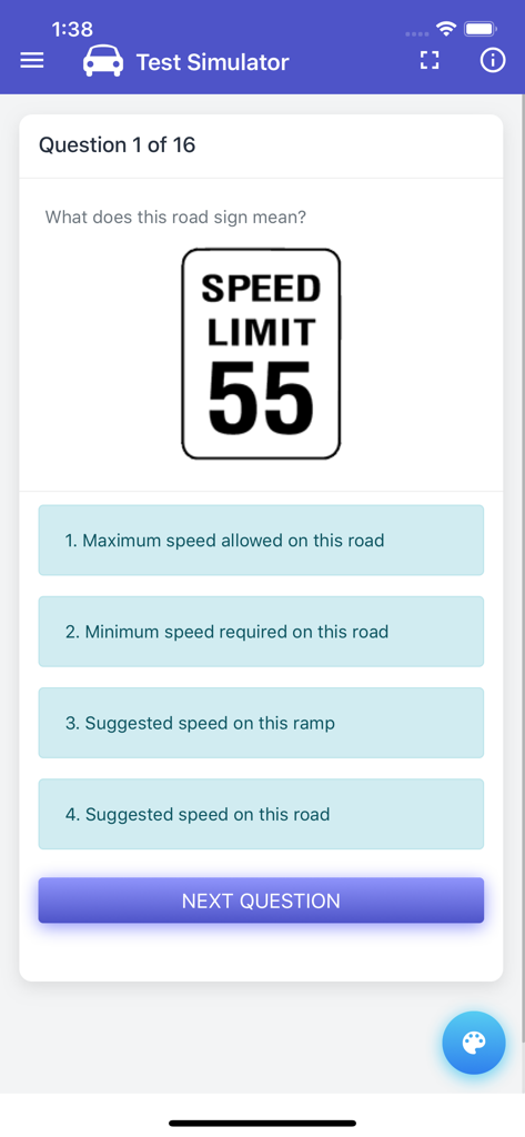 Indiana BMV Practice Exam - Indiana BMV practice exam interface showing a test simulator question about a speed limit sign