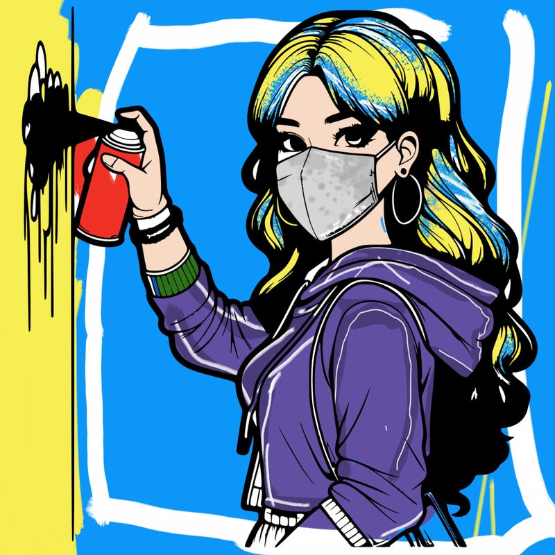 realistic girl with mask spray painting a wall