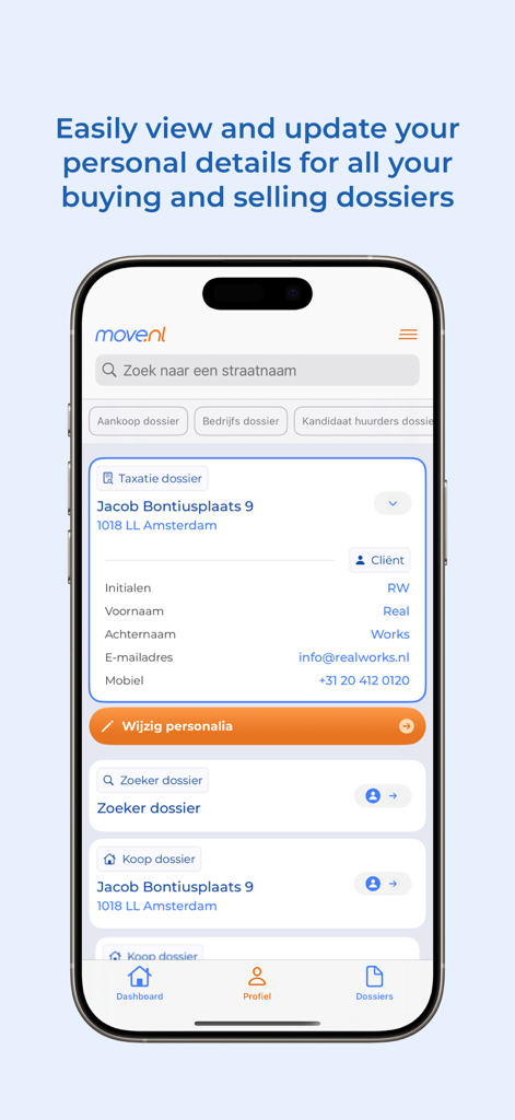 Profilbildschirm der Move.nl-App, der persönliche Daten und Immobilien-Dossiers anzeigt