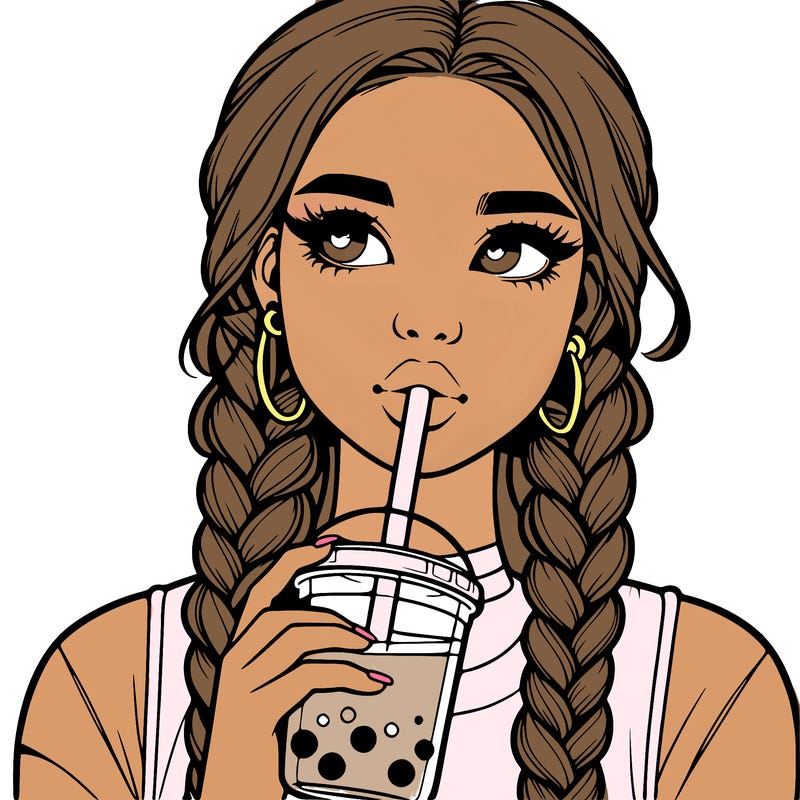 realistic girl with braided hair drinking boba