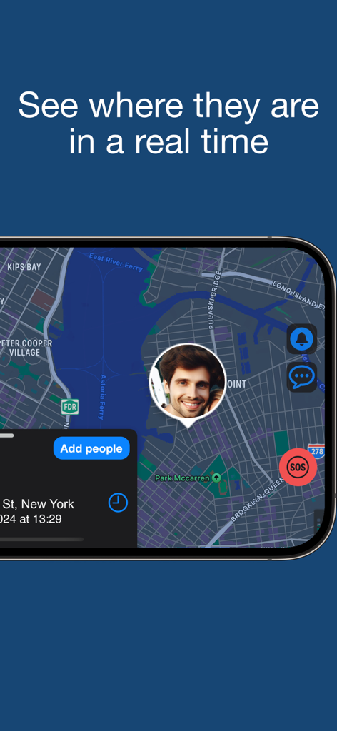 Interface do aplicativo Findie exibindo a localização em tempo real de um membro da família em um mapa