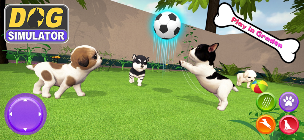My virtual dog simulator - Puppies playing with a soccer ball in a 3D garden environment