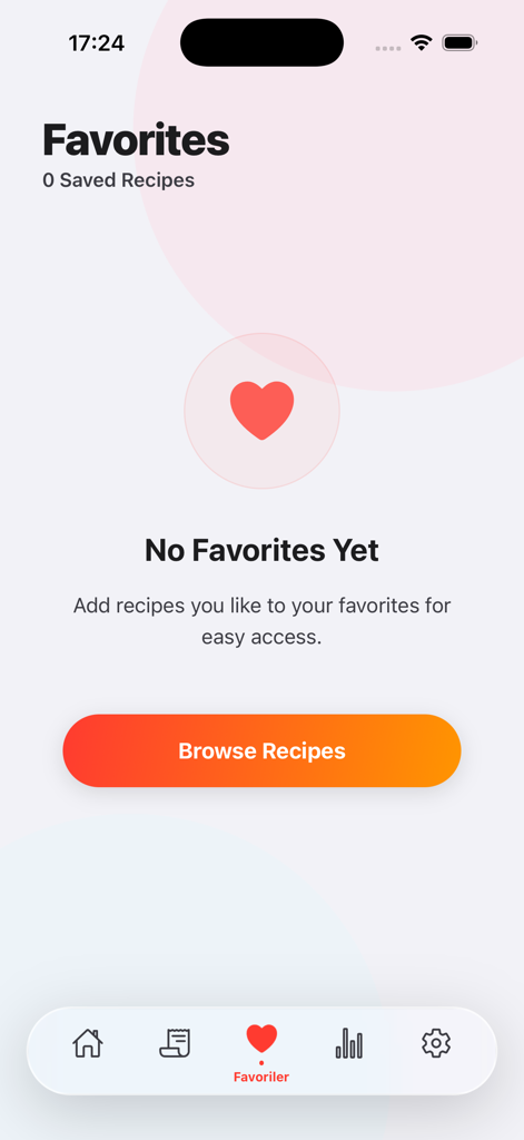 PostChef AI: Recipe Guide - PostChef AIアプリのお気に入りセクション。レシピを閲覧するボタンが表示された空の状態を示しています。
