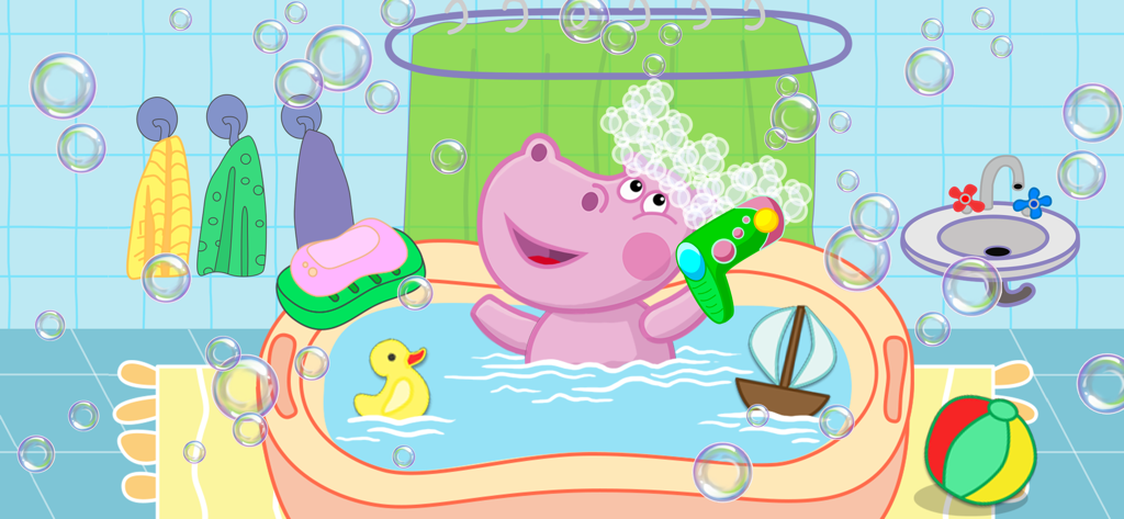 Hippo pet care game simulator - A pink cartoon hippo taking a bubbly bath with a rubber duck and toy boat in a pet care simulator.
