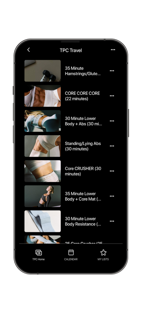 The Peach Club - The Peach Club app interface showing a list of pilates and core workout videos in the TPC Travel section