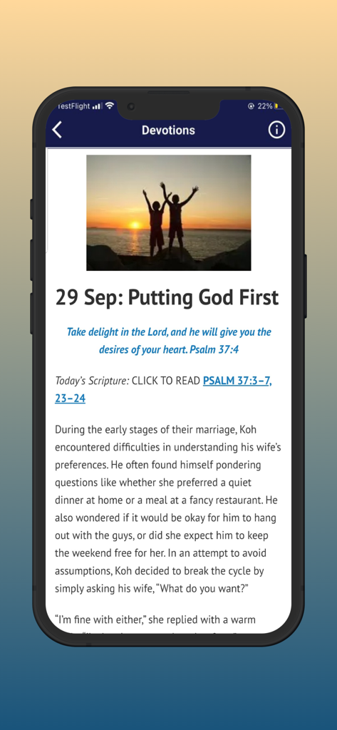 Bible: with study tools - Daily devotional page in the Bible app featuring Psalm 37:4 and a sunset image.