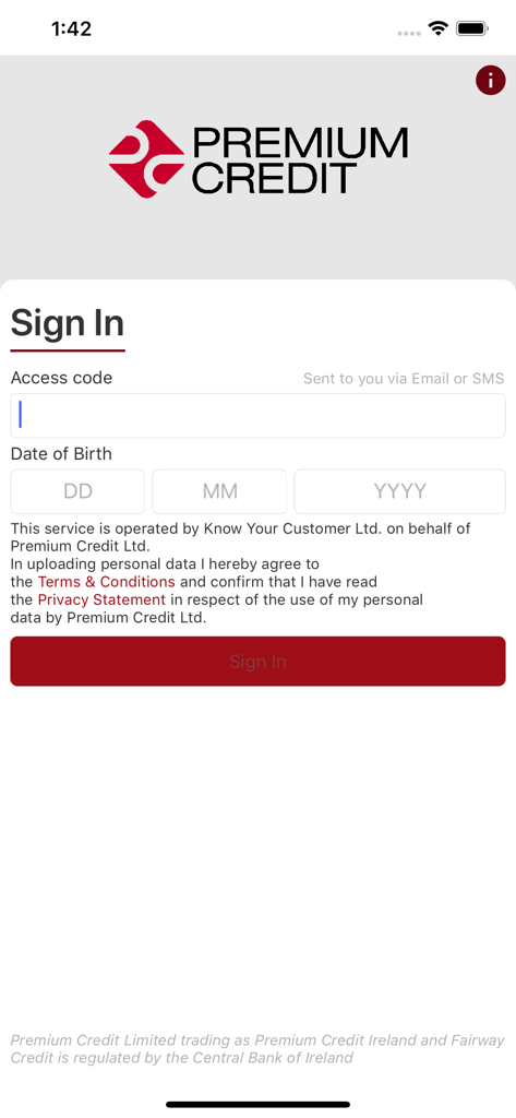 Premium Credit - eJourney - The sign in screen of the Premium Credit eJourney mobile app with fields for an access code and date of birth.