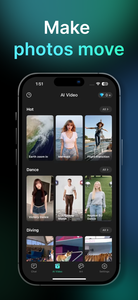 ChatArtアプリの画面。写真をアニメ化するためのAI動画生成テンプレートを表示。