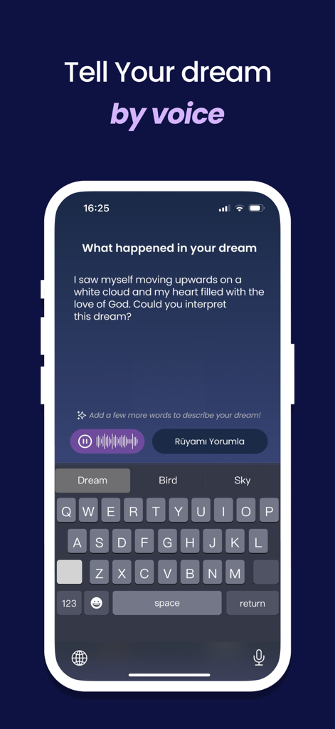 Tabeer: Islamic Dream Meaning - Smartphone screen showing the Tabeer app with a voice recording feature to describe a dream for Islamic interpretation.