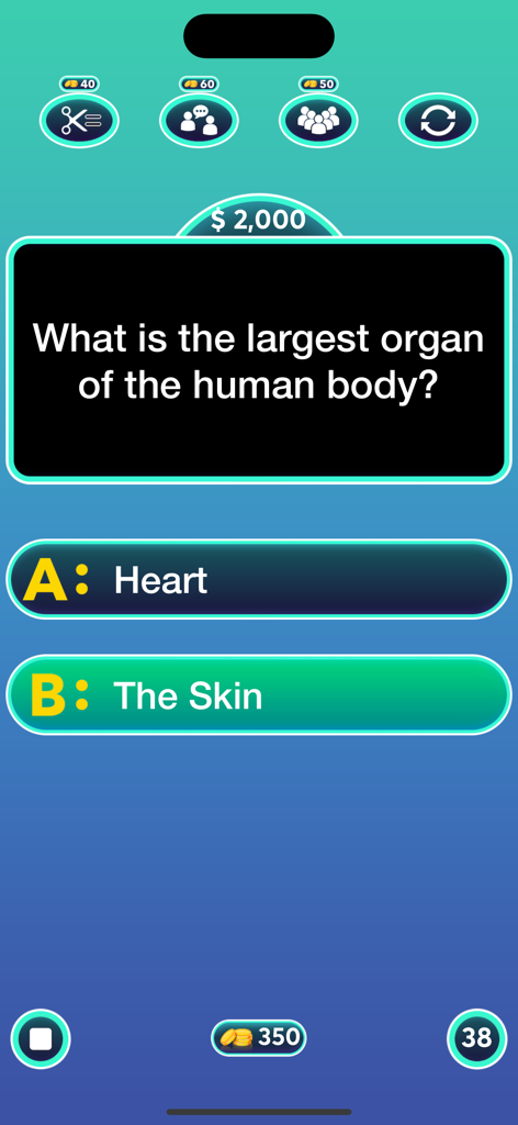 General Knowledge : Quiz Game - A screenshot of a general knowledge trivia game showing a science question about the human body with multiple choice answers and lifelines.