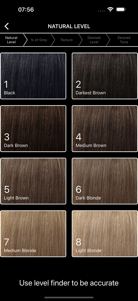Color Coach Hair Formulation - Professional hair color level finder grid showing shades from black to light blonde