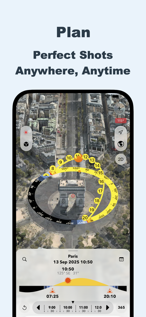 Sun Tracker AR - 写真計画のため、都市地図上の3D太陽軌道ビジュアライゼーションを示すSun Tracker ARアプリのインターフェース