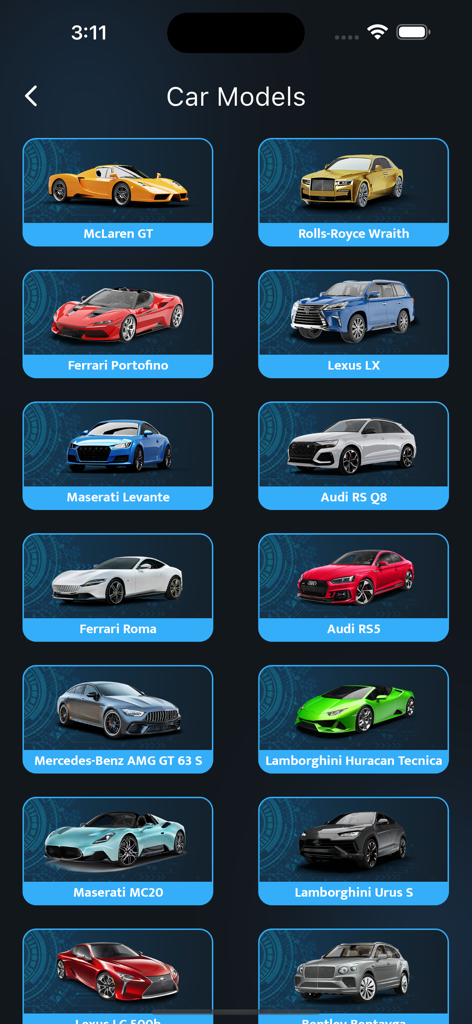 Car Engine & Horn Sounds - A grid of various high quality supercar and luxury car models including Ferrari and Lamborghini in the car engine sounds app interface