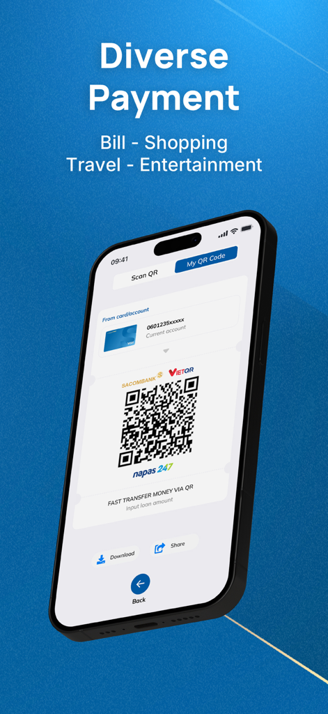 Sacombank Pay app screen showing a QR code for fast money transfers and diverse payment options like bills and shopping