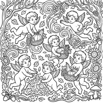 Immerse yourself in the whimsical world of putti and cherubs as they celebrate the vibrant spirit of autumn. This delightful coloring page combines classical charm with abundant fall harvest imagery, perfect for a cozy creative session.