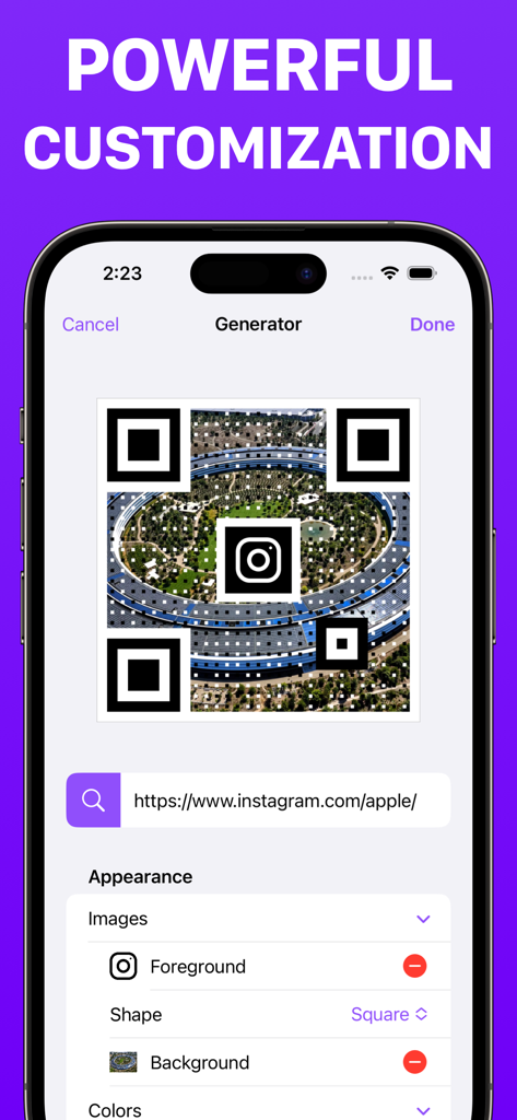 Interface of QRKit app showing powerful customization of a QR code with an Instagram logo and background image