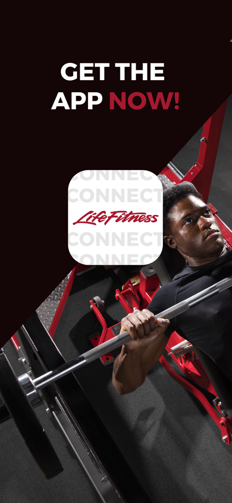 Man performing a chest press exercise in a gym with the Life Fitness Connect App logo