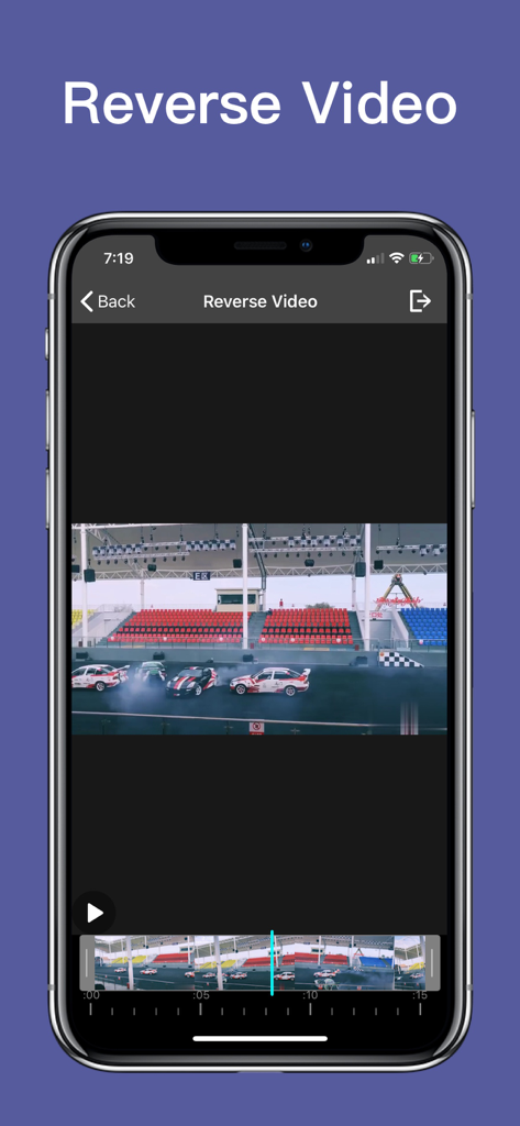 Video Clip Editor - Film maker - iPhone screen showing the reverse video feature in the Video Clip Editor app with a racing car video
