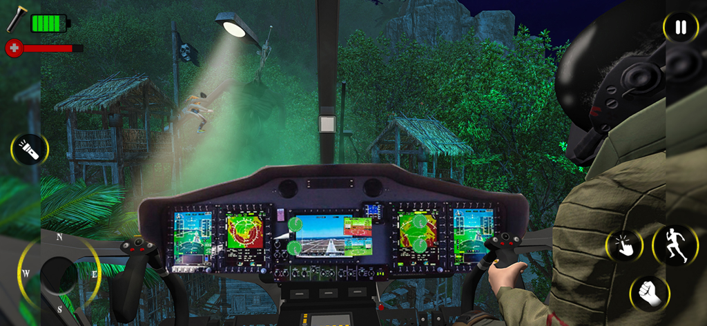 First-person gameplay view from a helicopter cockpit looking at the Light Head monster in a dark forest