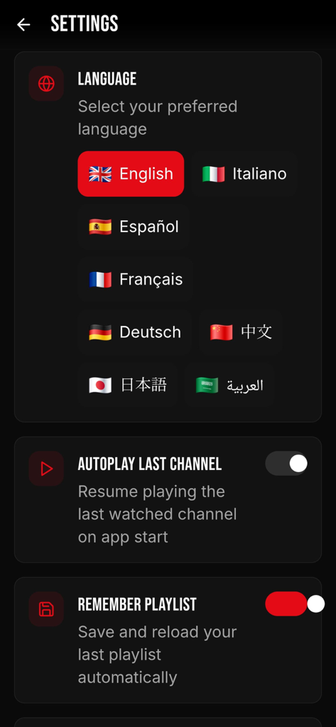 StreamFlix IPTV - Menu delle impostazioni di StreamFlix IPTV che mostra selezione lingua e preferenze di riproduzione