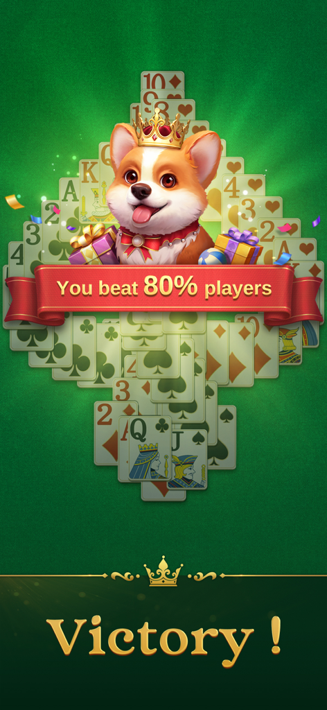 Victory screen in Jenny Solitaire featuring a cute corgi wearing a crown