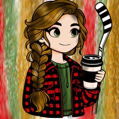 a realistic girl wearing a braid and a plaid jacket and holding a cup of coffee and a hockey stick