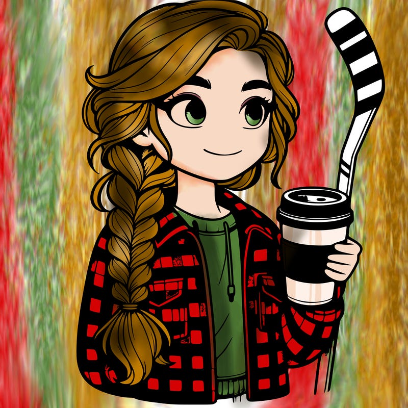 a realistic girl wearing a braid and a plaid jacket and holding a cup of coffee and a hockey stick