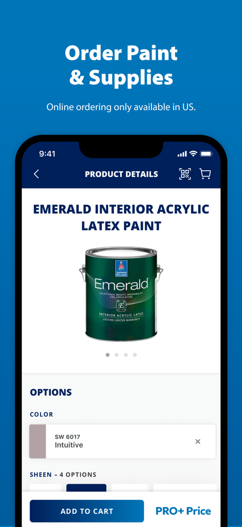 Sherwin-Williams PRO+ - Product details screen in Sherwin-Williams PRO app for ordering Emerald interior paint with professional pricing