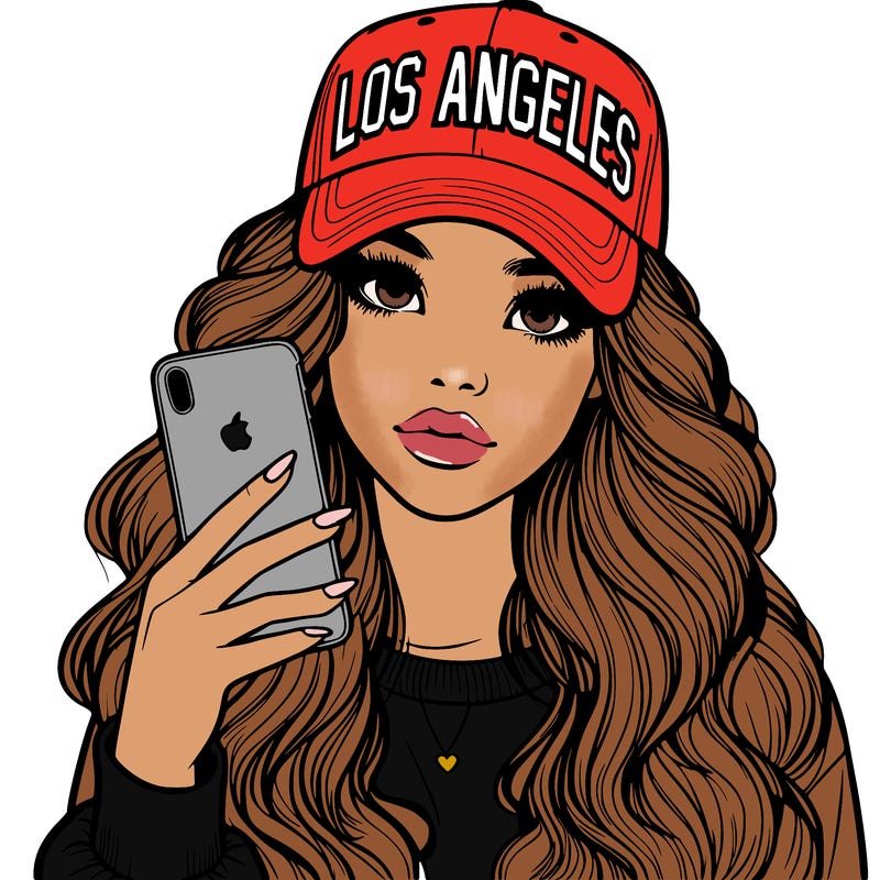 realistic beautiful girl wearing los ángeles cap holding an iphone