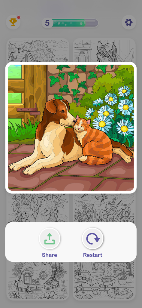 Paint by Number Oil: Hey Color - Ein fertiggestelltes digitales Ölgemälde von einem Hund und einer Katze, die sich in einem Blumengarten kuscheln